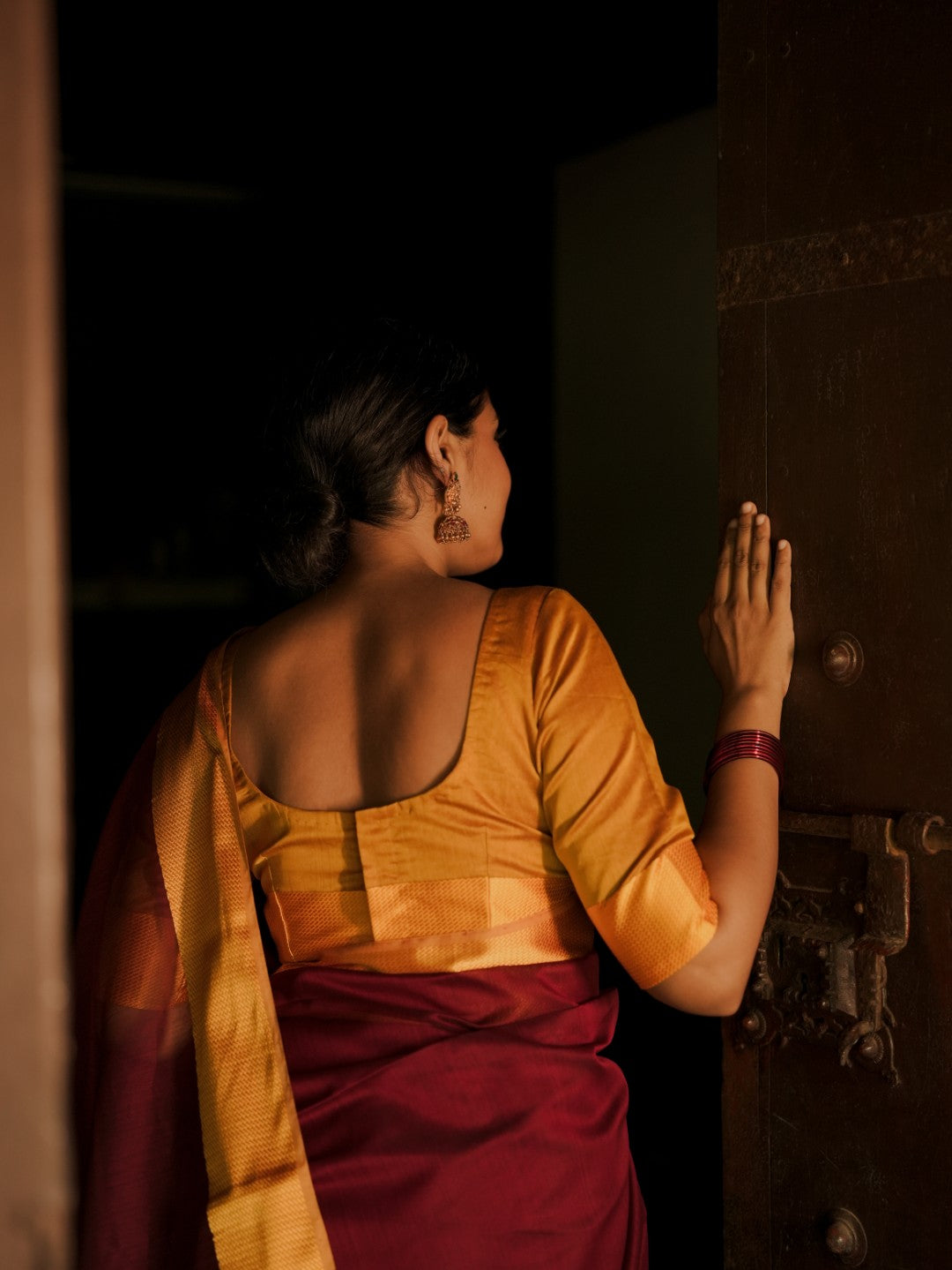 Maroon and yellow maheshwari with resham border