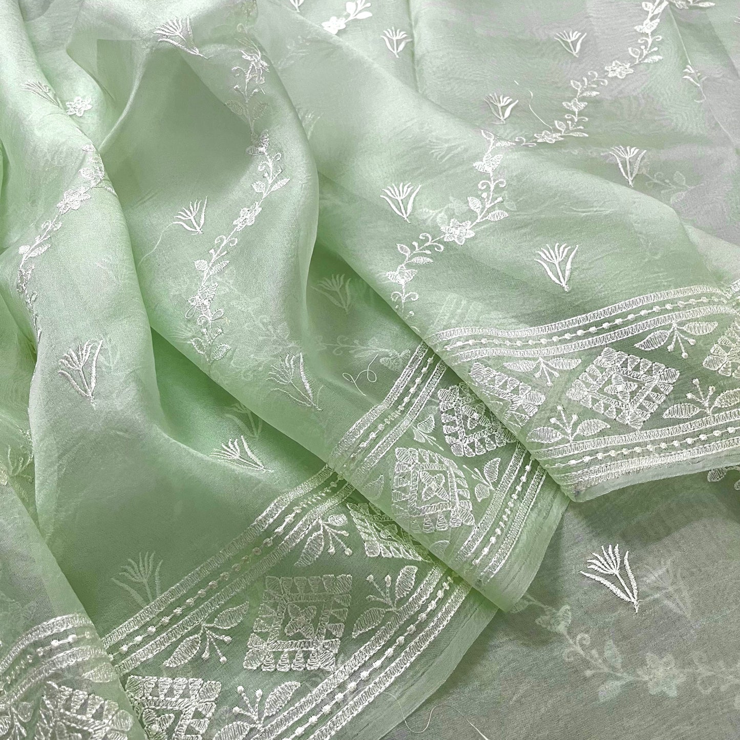 Light Sea Green Banarasi Organza Silk Saree with Embroidery all over