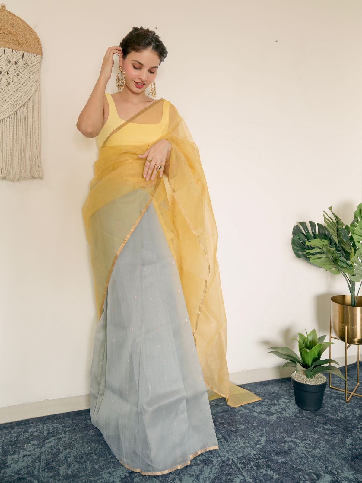 Gold Olive & Grey Chanderi Organza Silk Saree with Zari Bootis all over