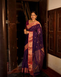 Dark purple and pink maheshwari saree with flower motifs all over
