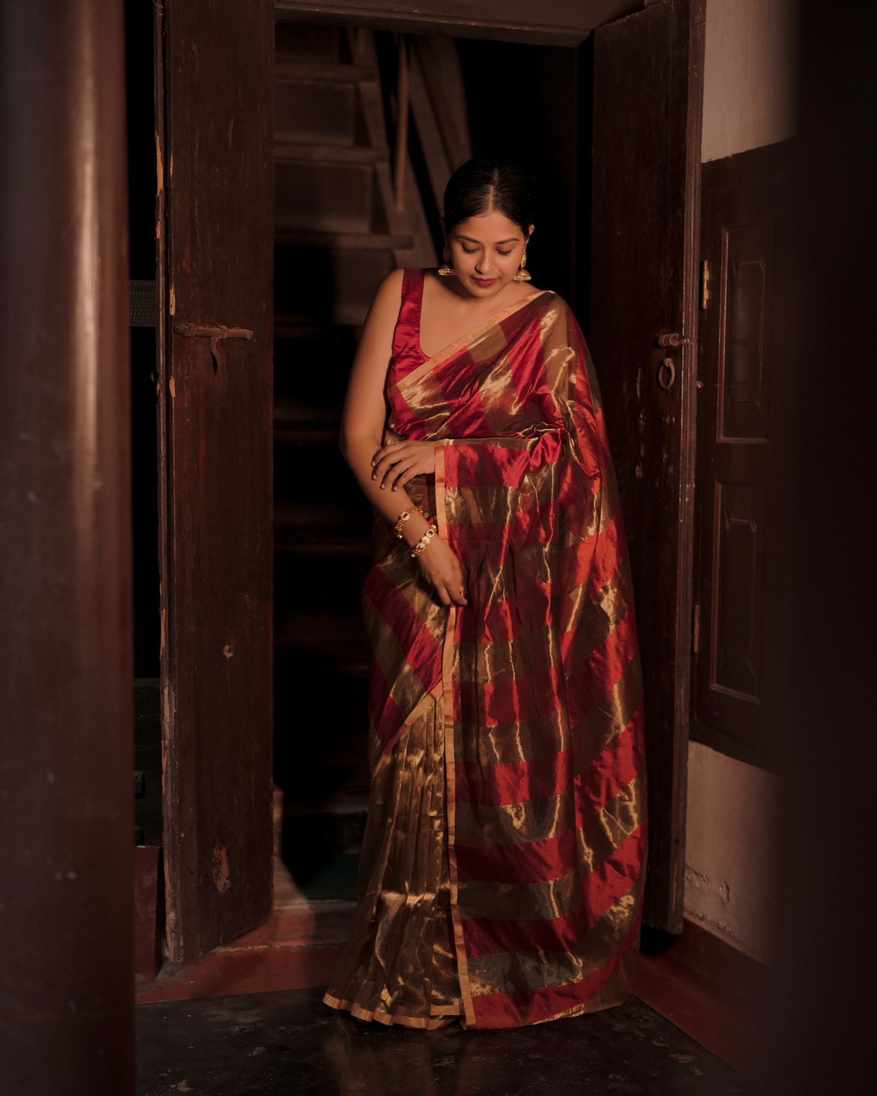 Deep maroon and gold chanderi saree with zari stripes