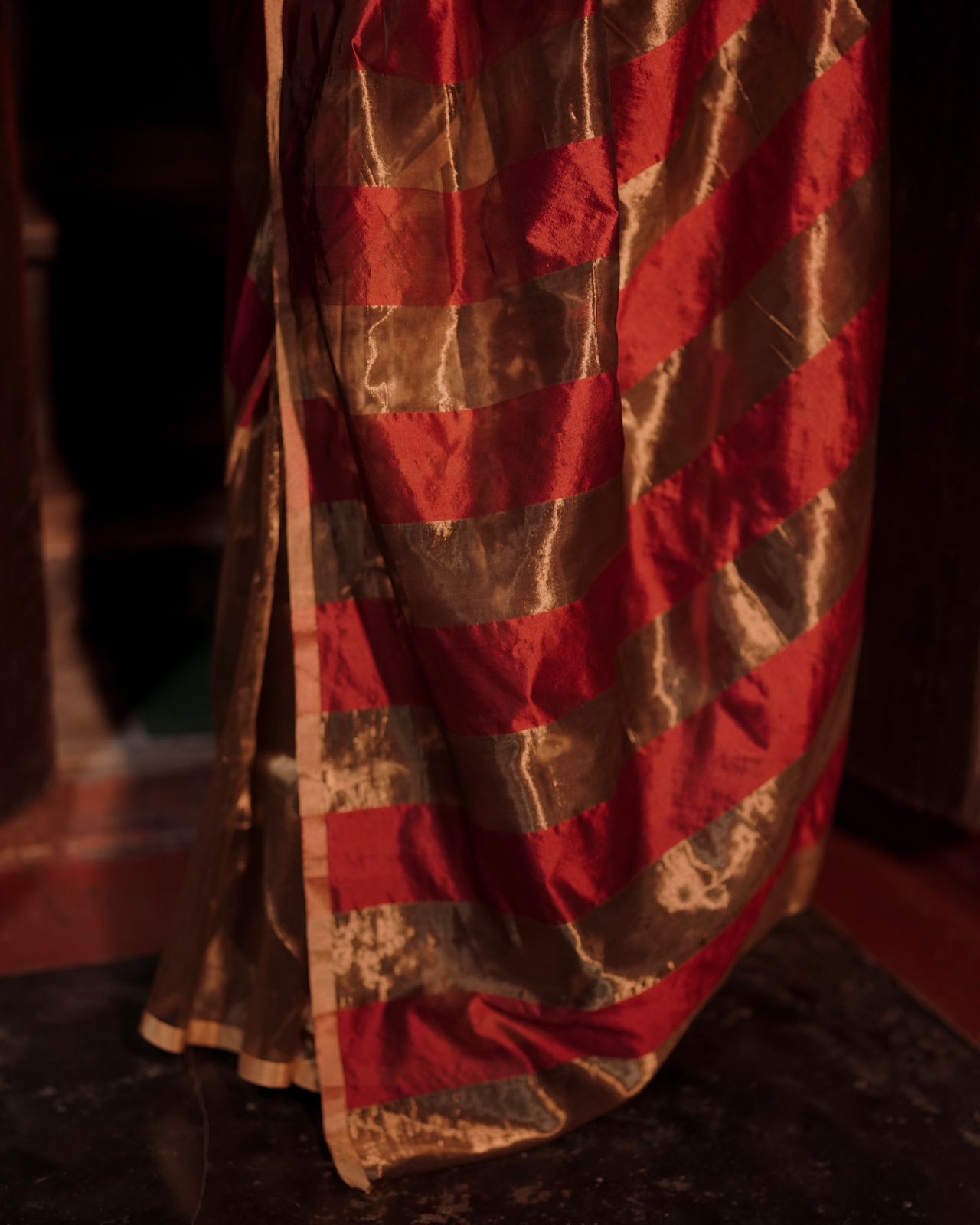Deep maroon and gold chanderi saree with zari stripes
