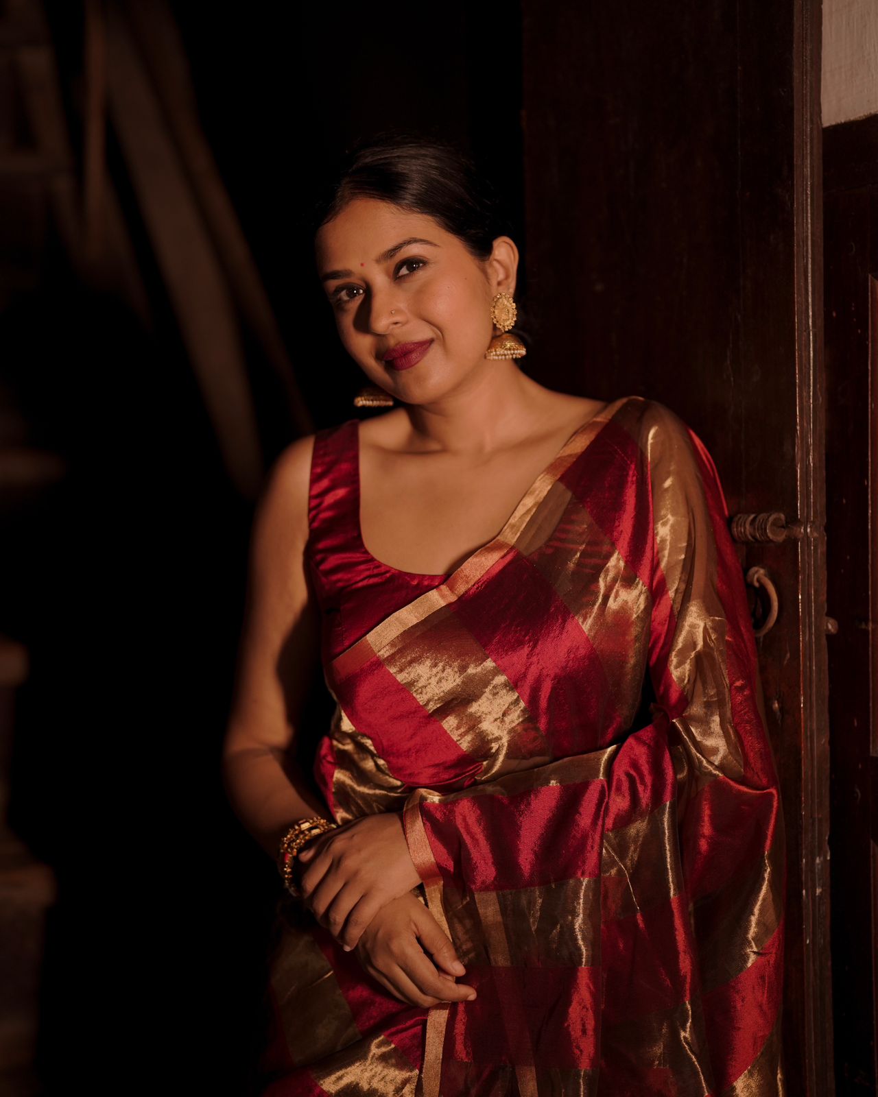 Deep maroon and gold chanderi saree with zari stripes