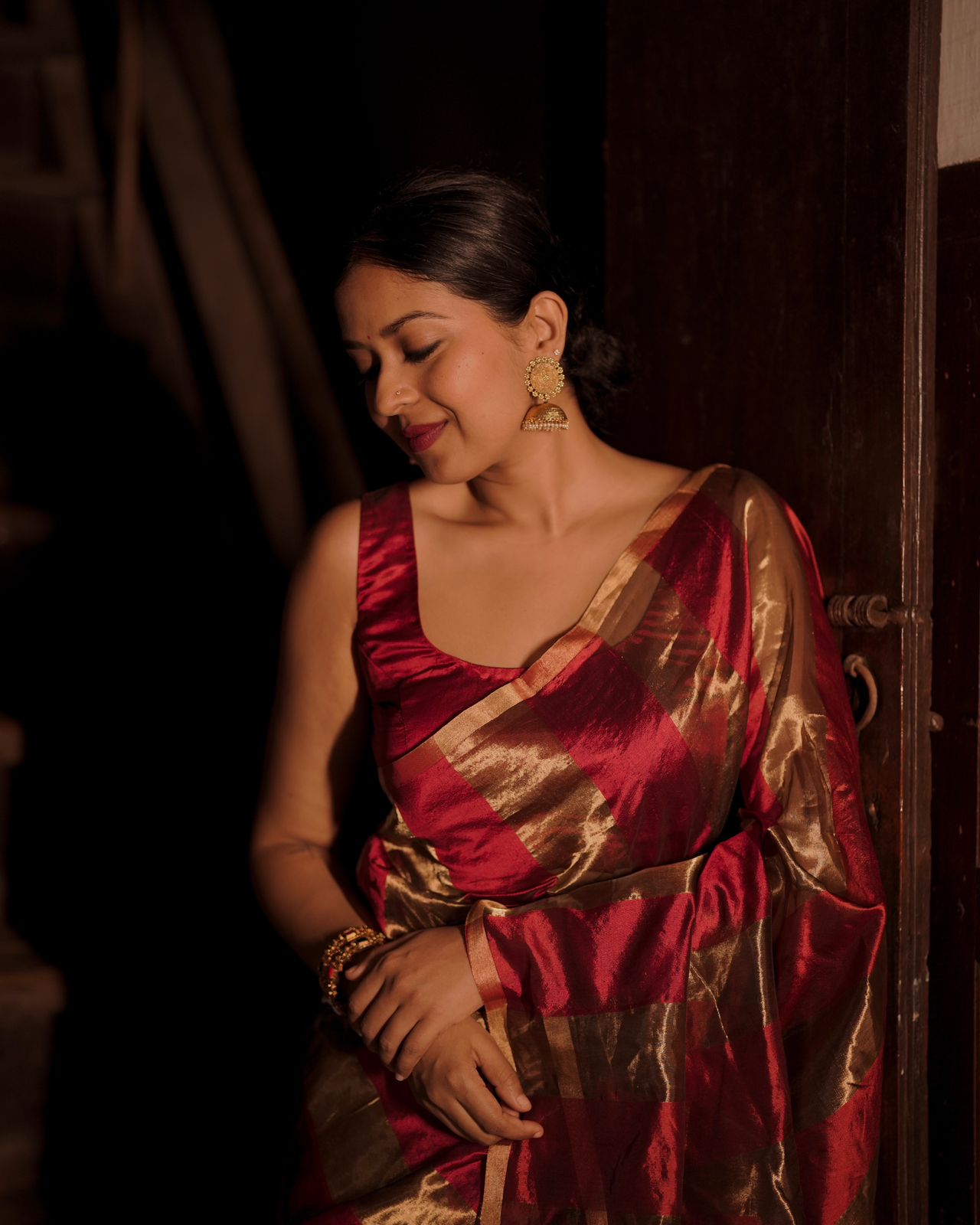 Deep maroon and gold chanderi saree with zari stripes