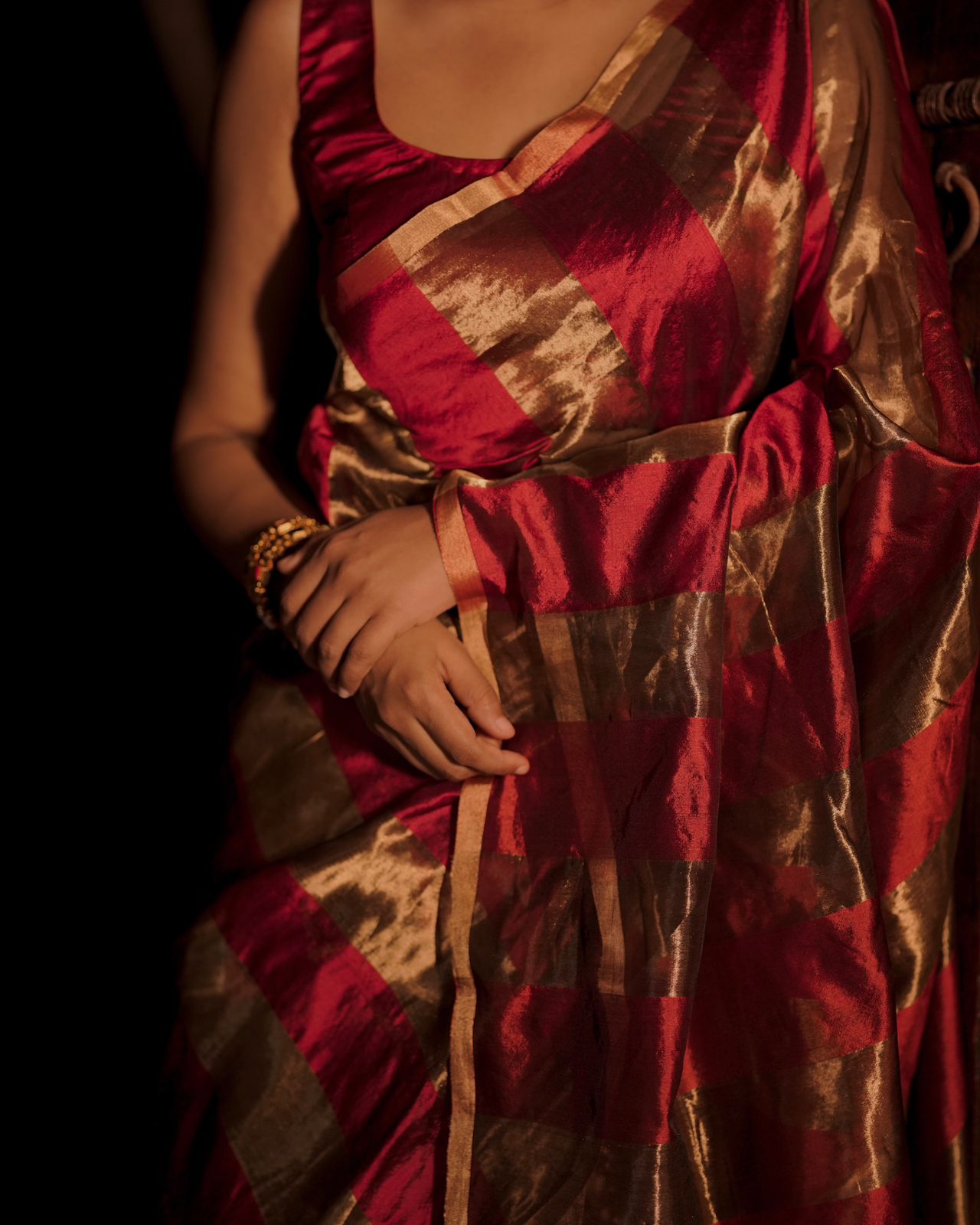 Deep maroon and gold chanderi saree with zari stripes