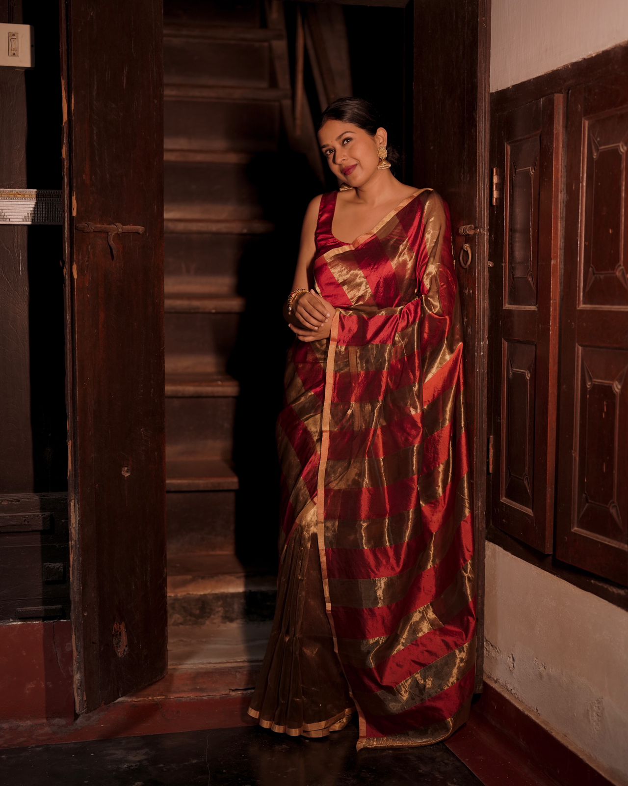 Deep maroon and gold chanderi saree with zari stripes