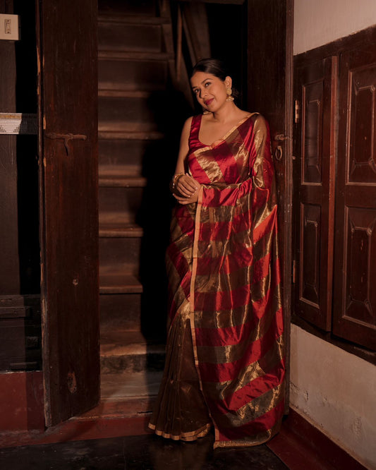 Deep maroon and gold chanderi saree with zari stripes