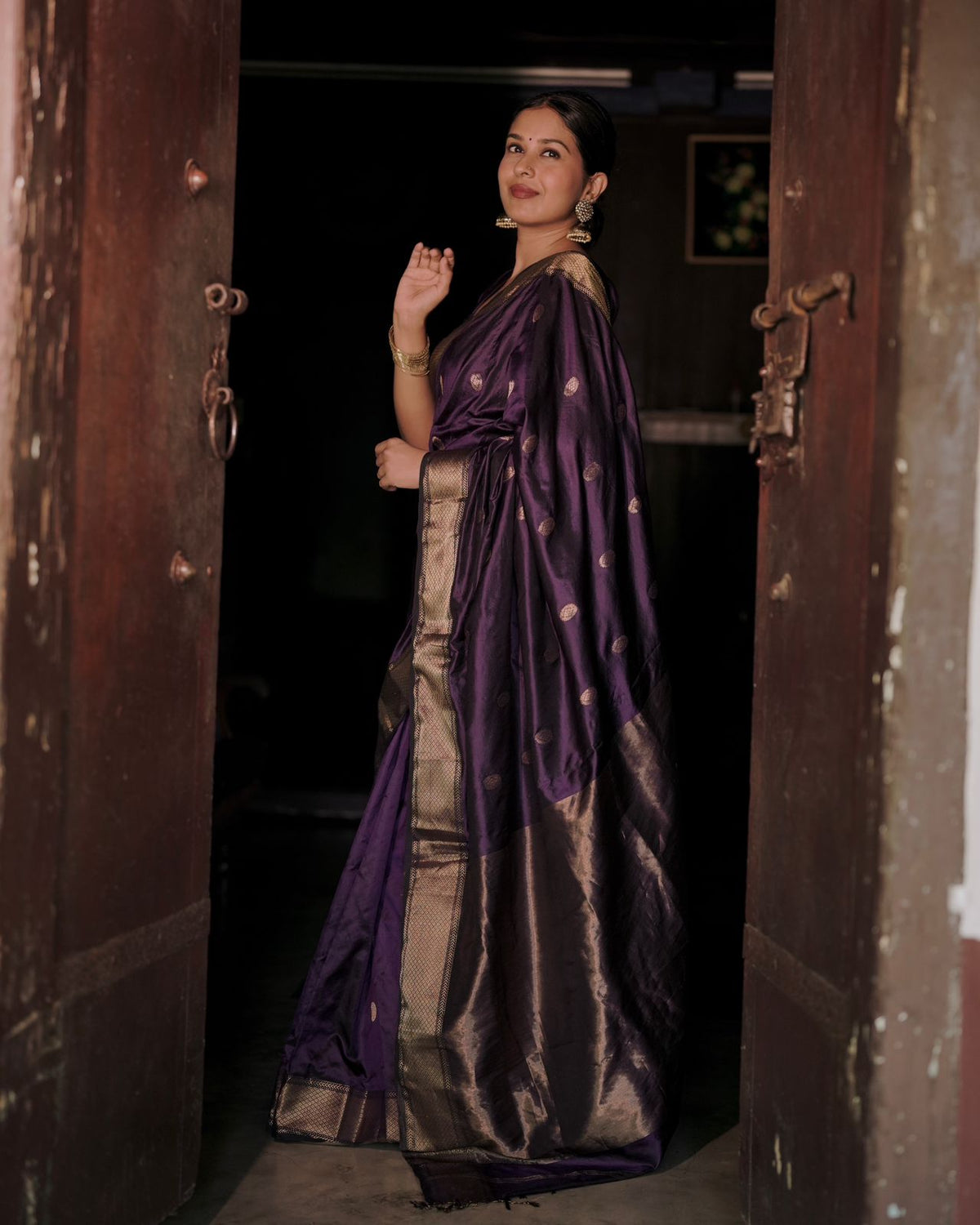 Dark purple Maheshwari silk saree with zari bootis all over
