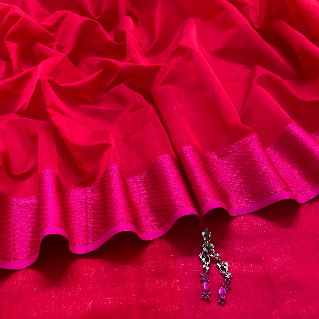 Red and pink maheshwari saree with resham border