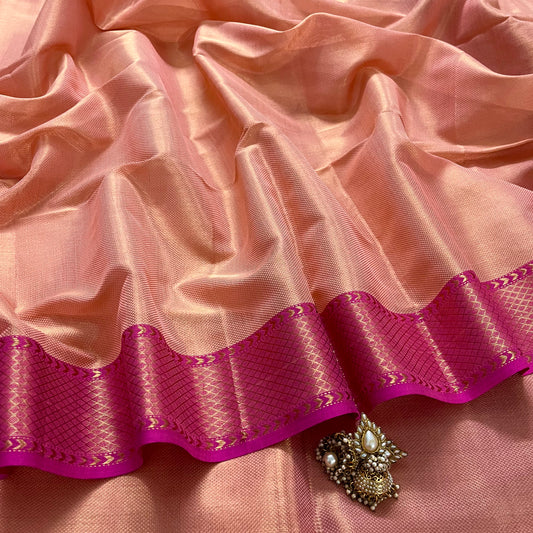 Peachish Pink Maheshwari saree with Zari pattern all over