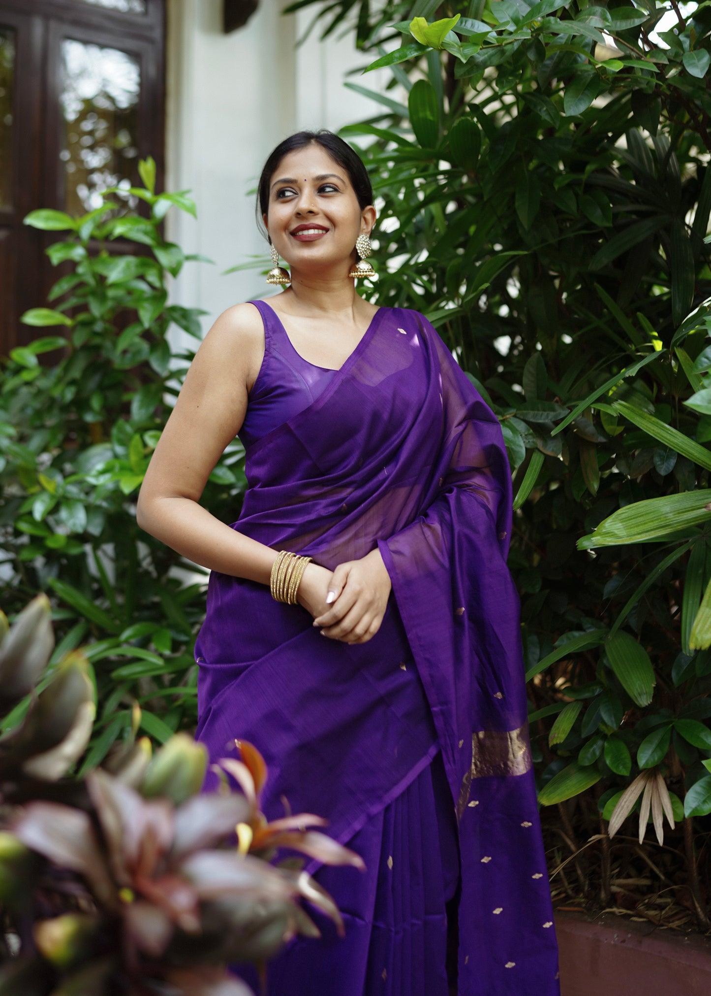 Dark Purple Maheshwari Saree with Zari bootis all over