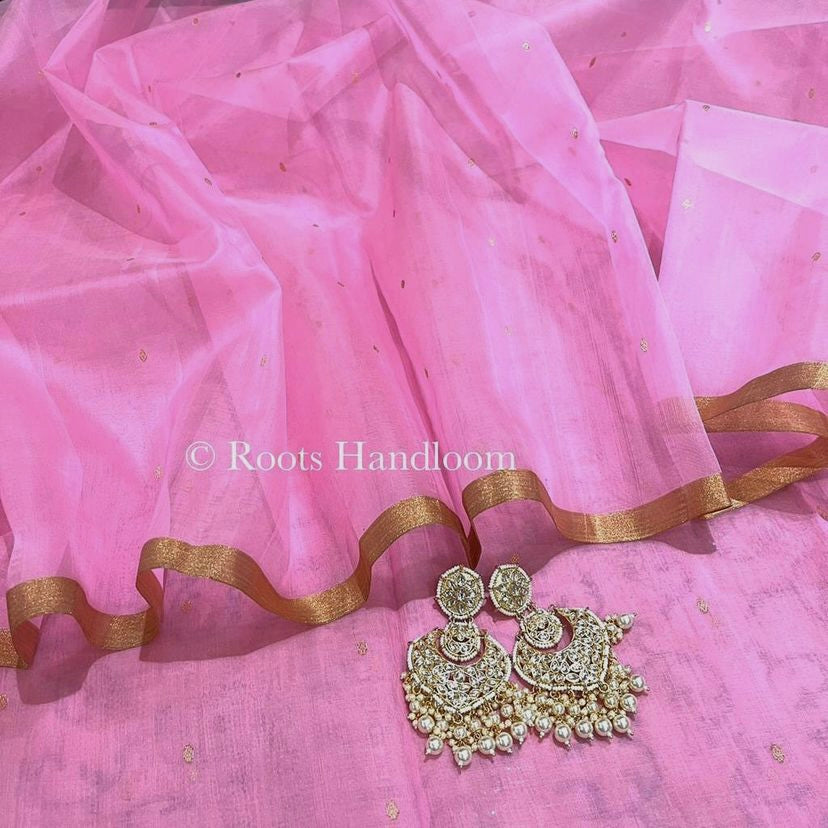 Rose Pink Chanderi silk saree with Zari bootis all over