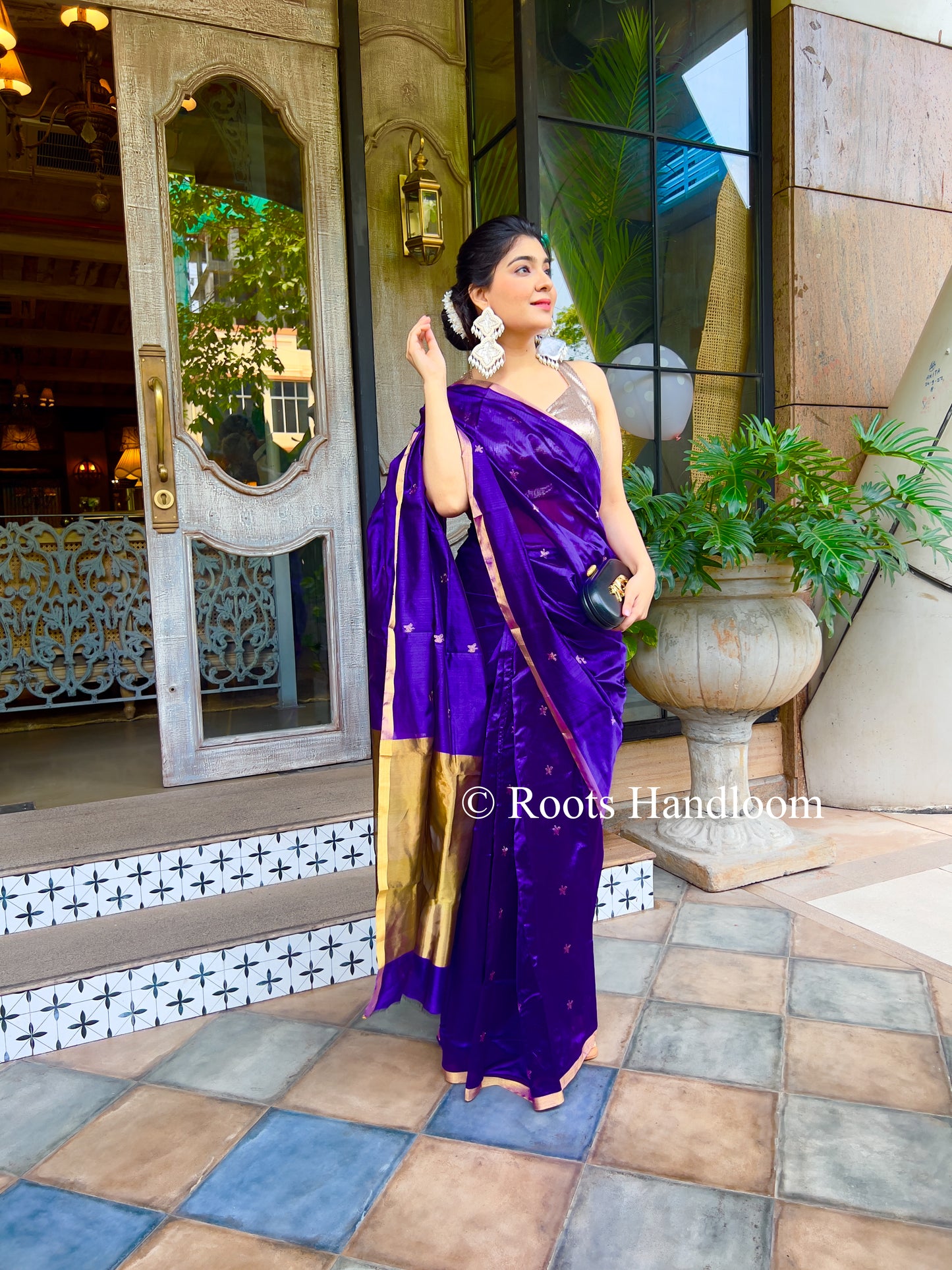 Dark Purple Chanderi Silk Saree with Flower Bootis all over