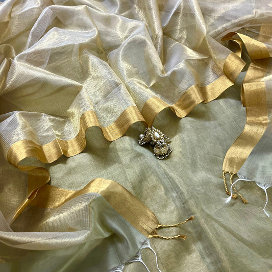 Olive Gold Maheshwari Tissue Silk Suit with Zari Lines on Dupatta