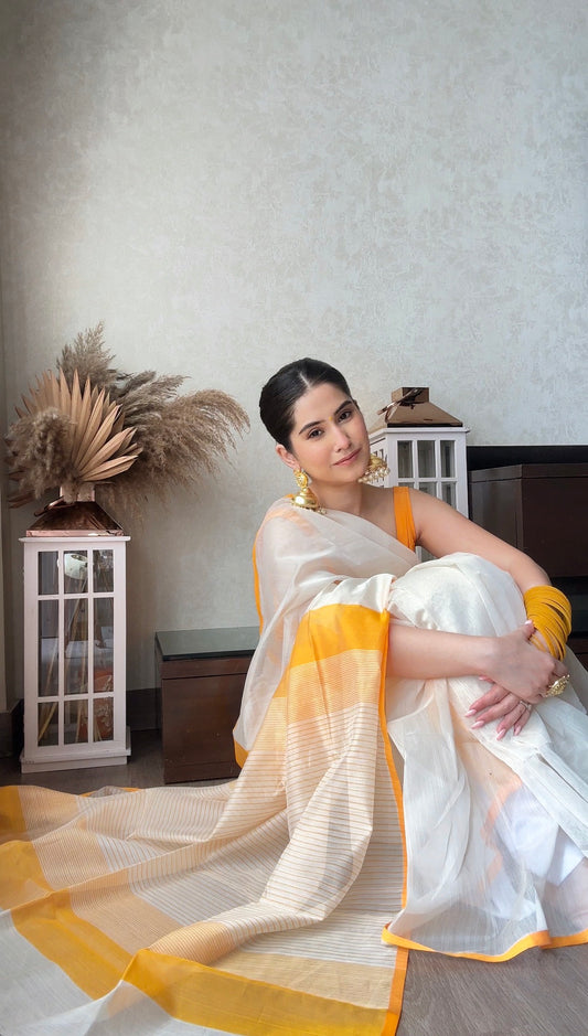 White & Yellow Maheshwari Saree