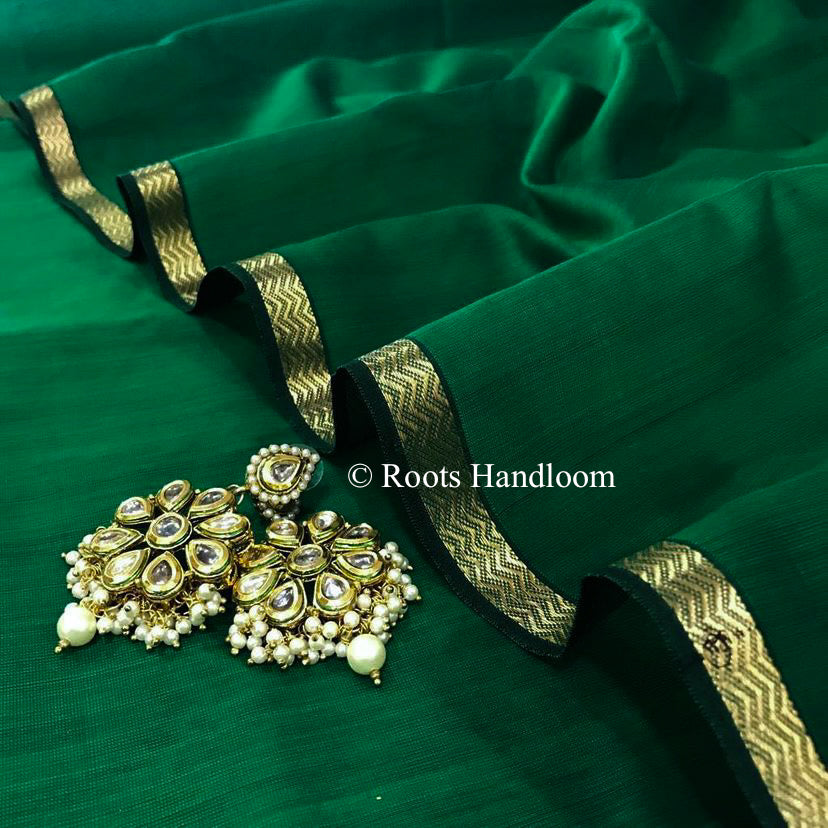 Bottle Green Maheshwari Saree with jute Pallu