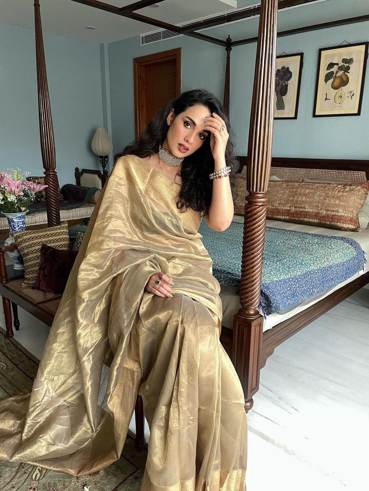 Gold Maheshwari Tissue Silk Saree with Zari Border