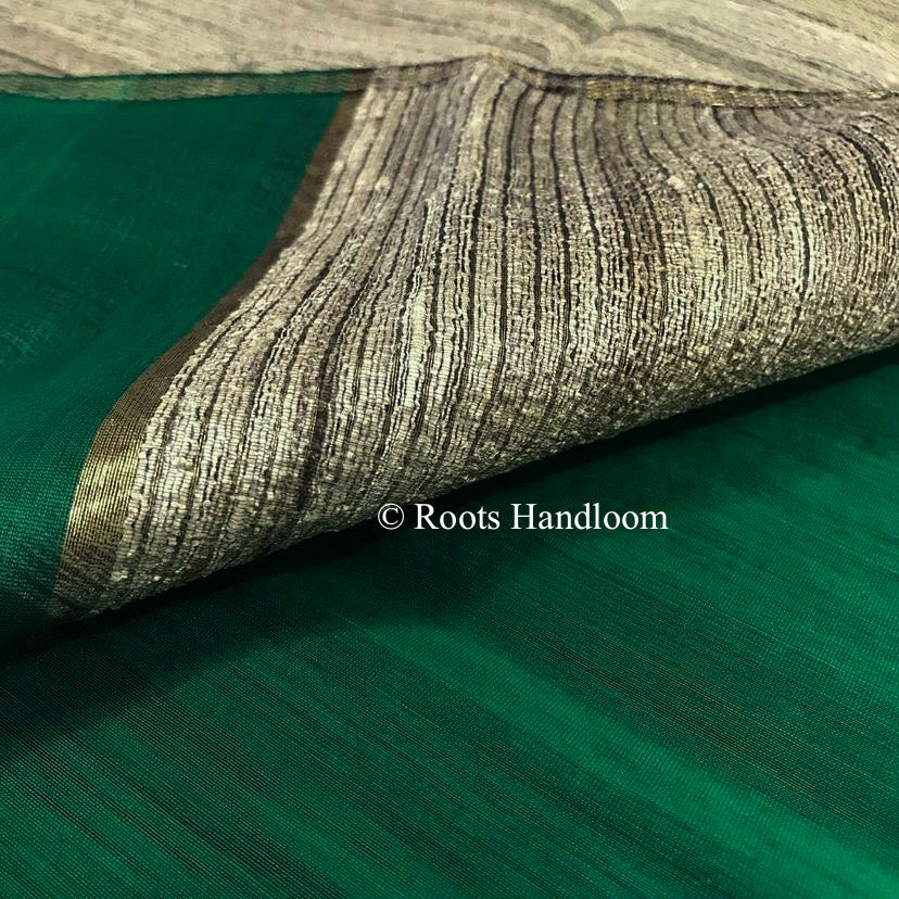 Bottle Green Maheshwari Saree with jute Pallu