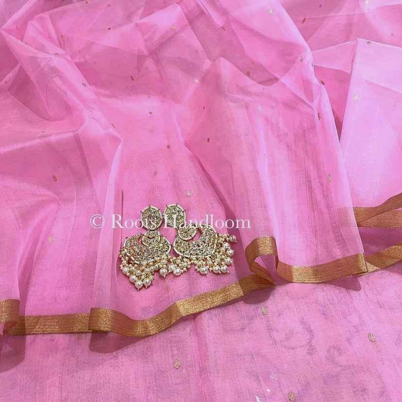 Rose Pink Chanderi silk saree with Zari bootis all over