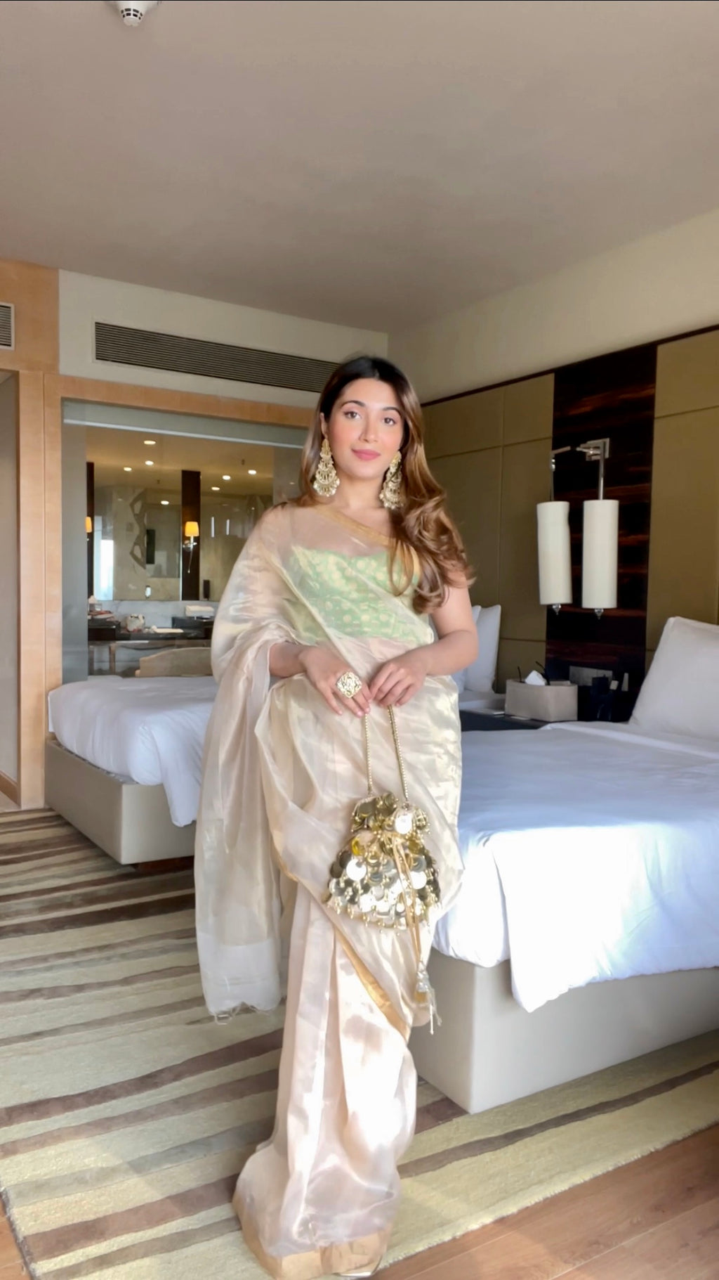 Off-White & Gold Maheshwari Saree with Zari lines all over
