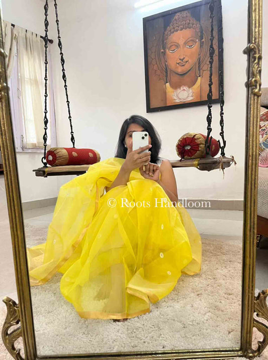 Summer Yellow Chanderi Organza Silk Saree with flower bootis all over