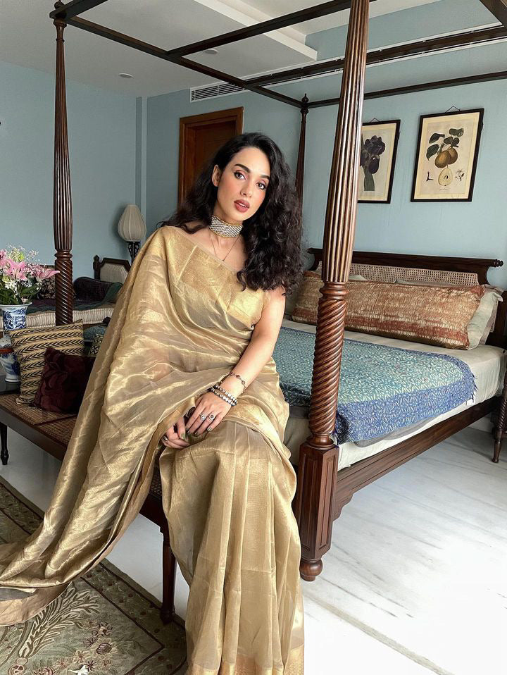 Gold Maheshwari Tissue Silk Saree with Zari Border