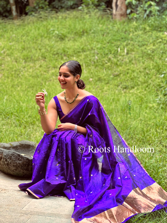 (Shop the look) Dark Purple Chanderi Silk Saree with Flower Bootis all over