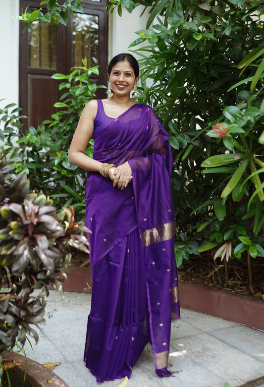 Dark Purple Maheshwari Saree with Zari bootis all over