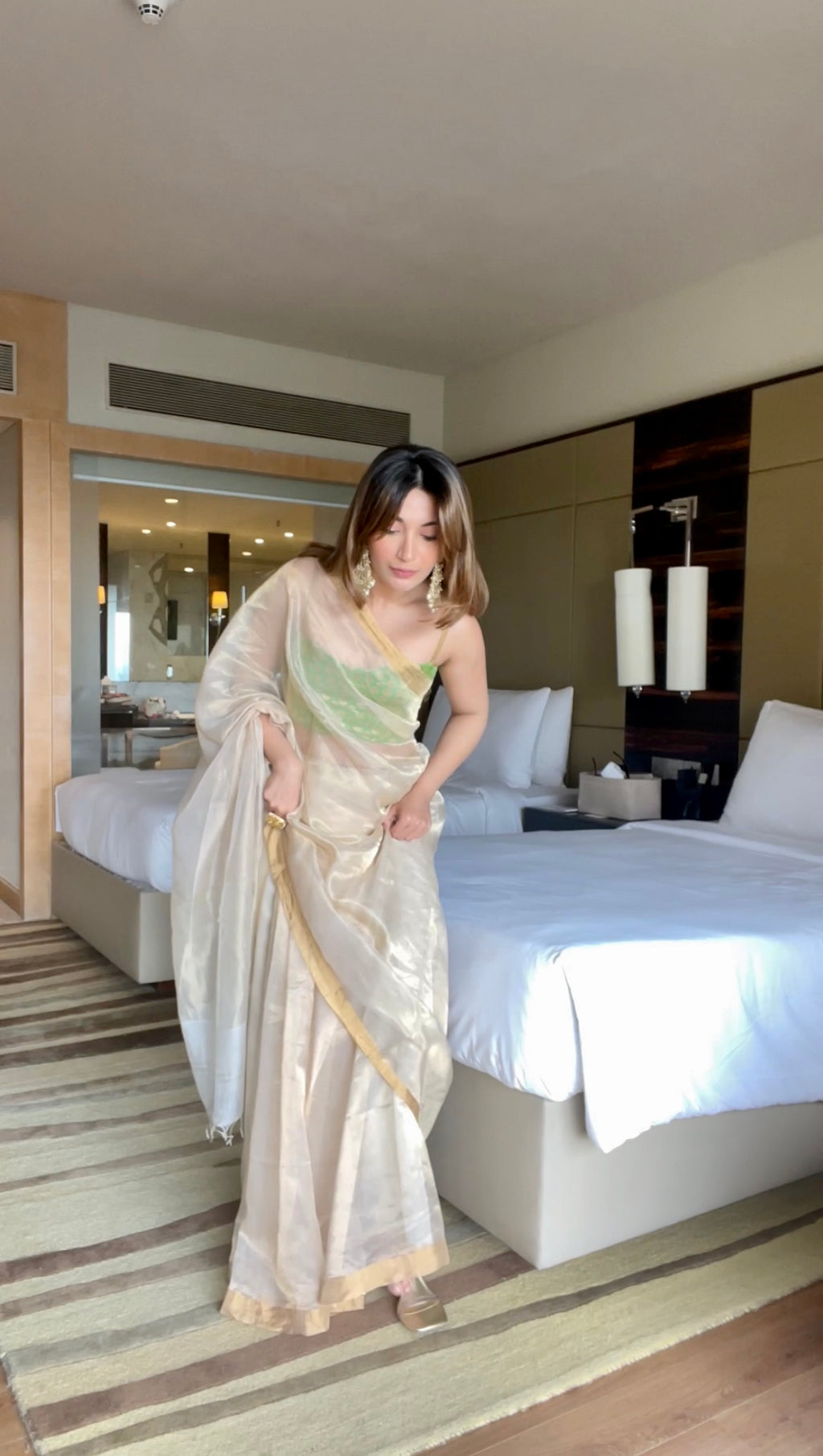 Off-White & Gold Maheshwari Saree with Zari lines all over