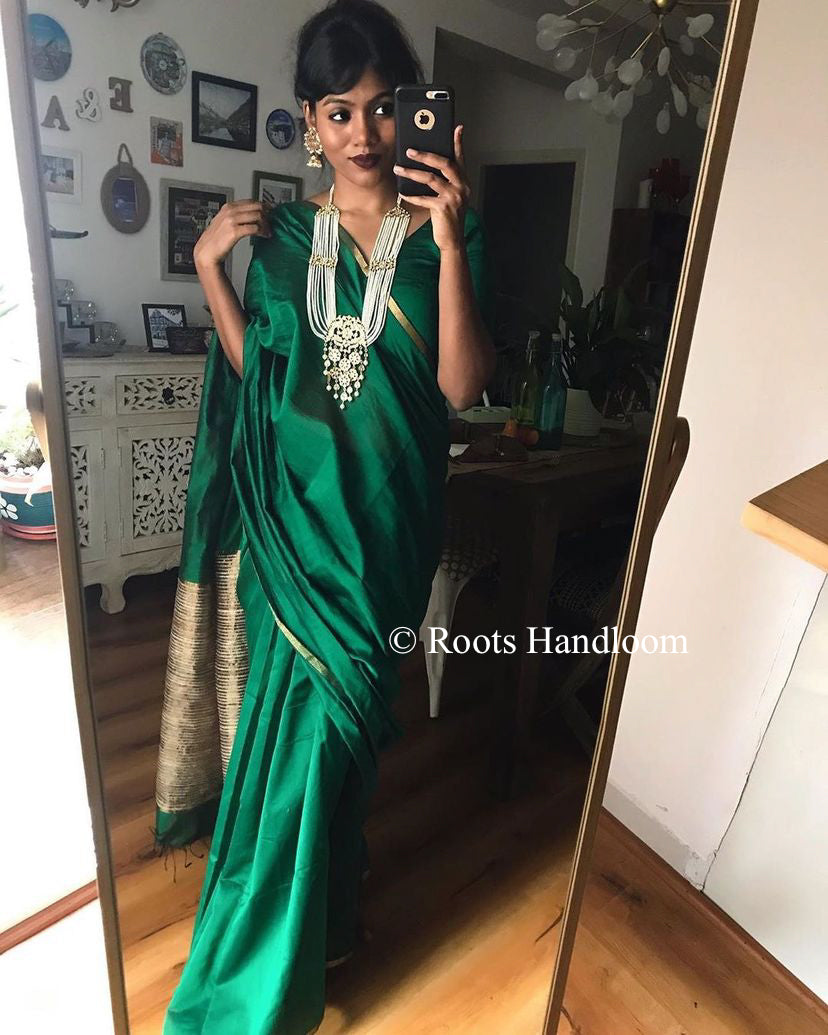Bottle Green Maheshwari Saree with jute Pallu