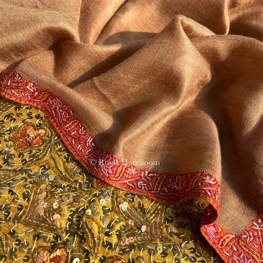 Beige Brown Pashmina Stole with Hashi Dar Embroidery