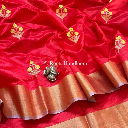 Red Chanderi Silk Saree with Flower Motifs all over