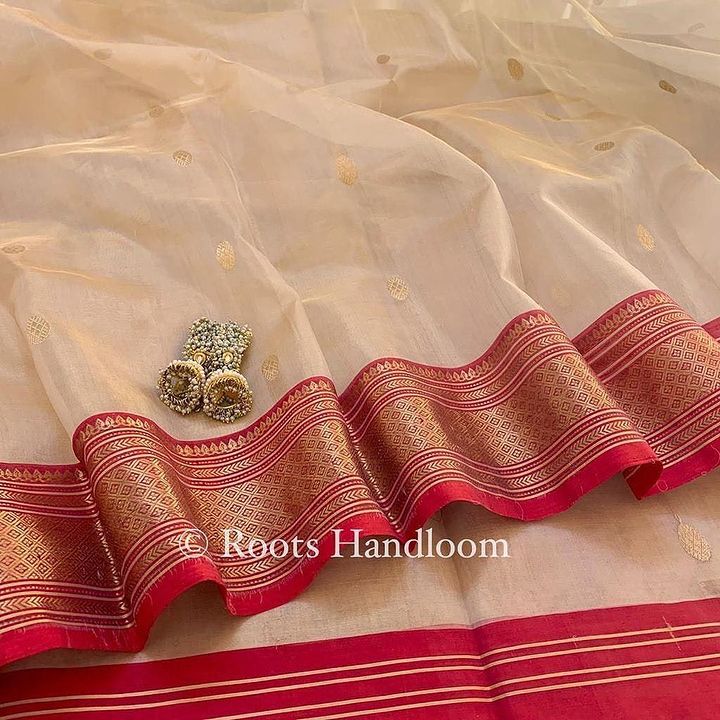 Gold Beige & Red Chanderi Silk Saree with Zari bootis all over