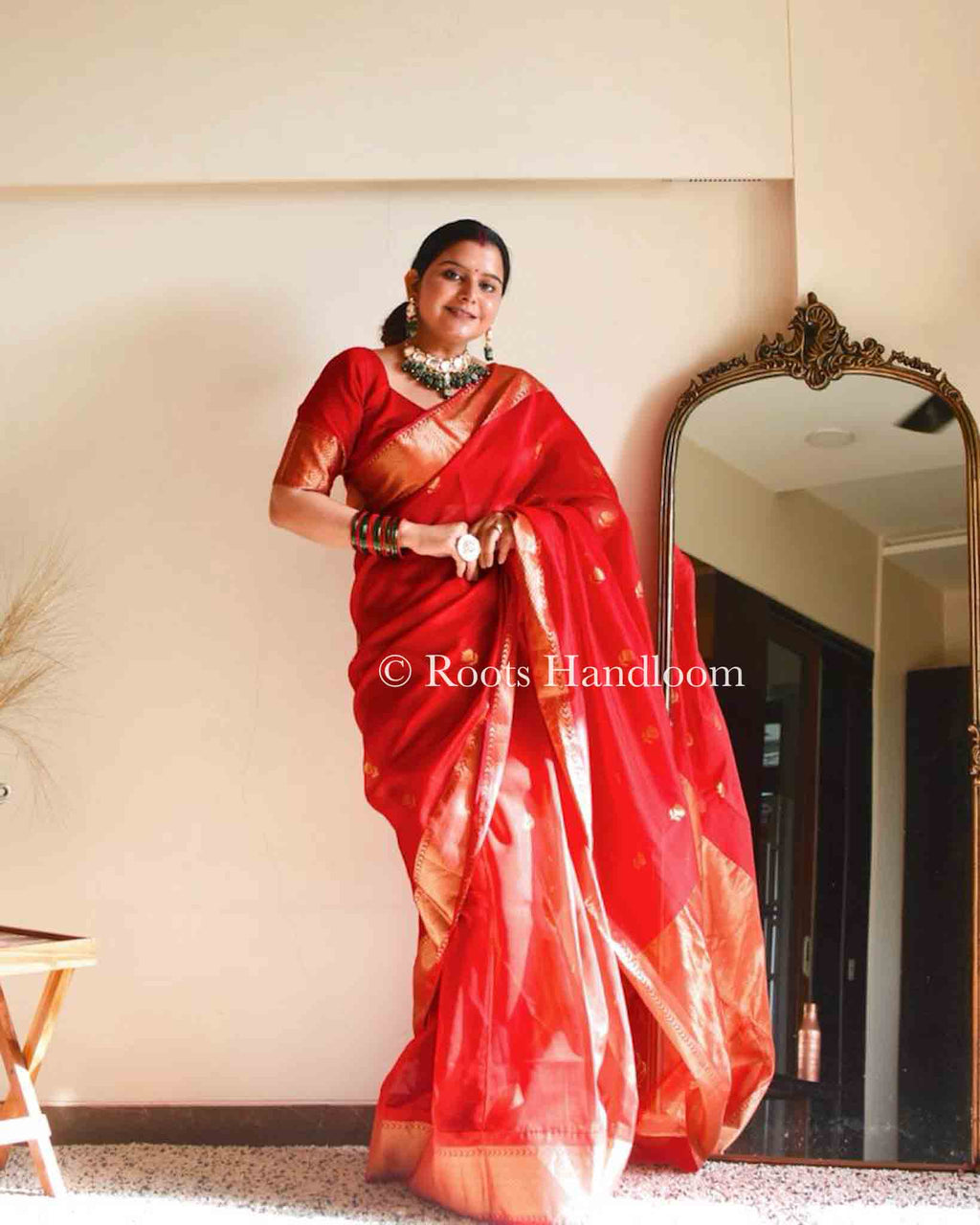Red Maheshwari Saree with Flower Motifs all over