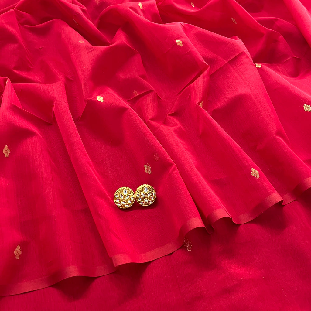Deep red maheshwari saree with zari bootis all over
