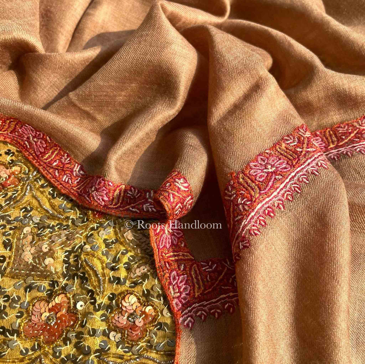 Beige Brown Pashmina Stole with Hashi Dar Embroidery