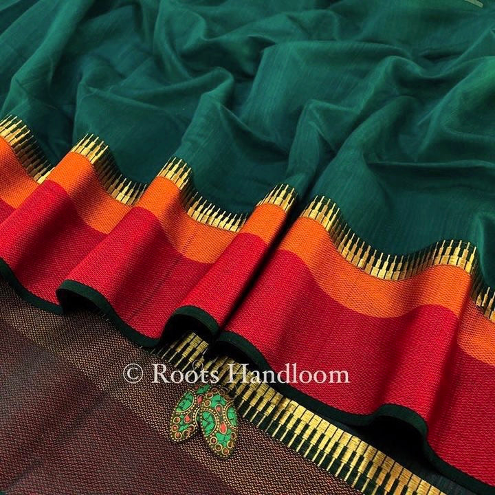 Dark Green Maheshwari Saree with Resham Border