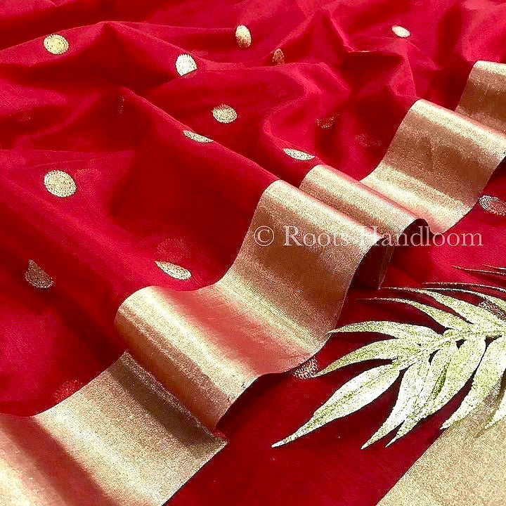 Red Chanderi Saree with zari bootis all over