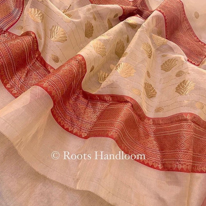 Gold Beige & Red Chanderi Silk Saree with Zari bootis all over