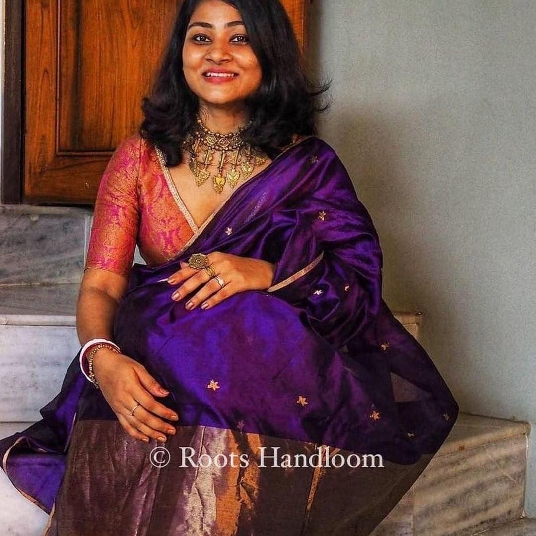 Dark Purple Chanderi Silk Saree with Flower Bootis all over