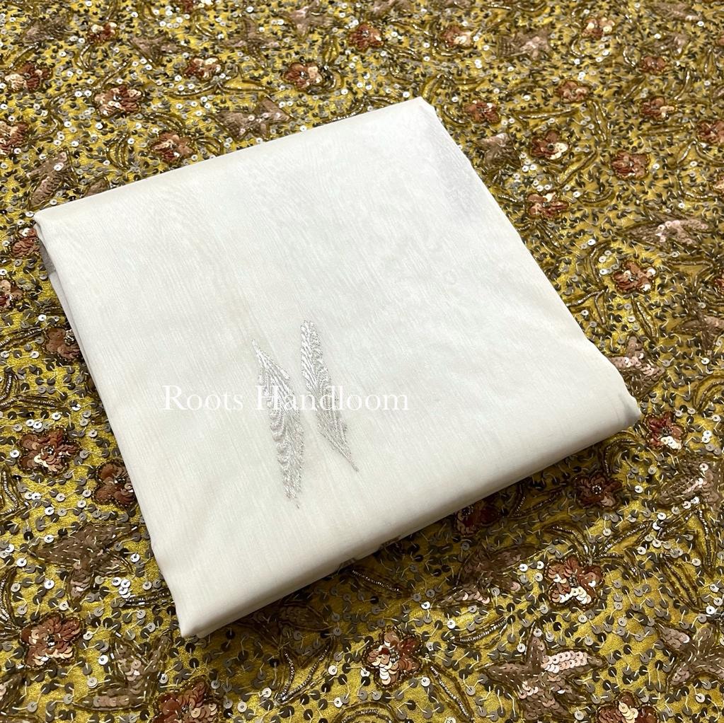 Pearl White Chanderi Organza Silk Saree with Feather Motifs all over
