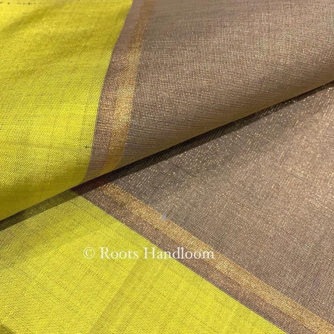 Grey Gold & Lemon Chanderi Tissue Silk Saree with Zari Lines on Pallu