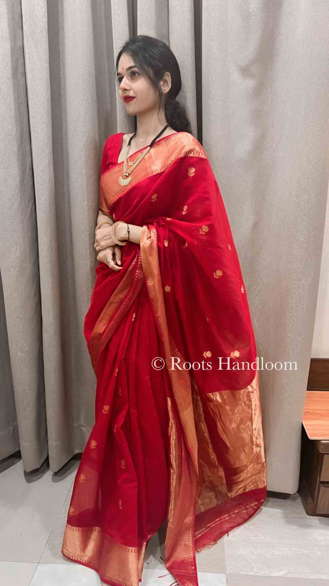 Red Maheshwari Saree with Flower Motifs all over