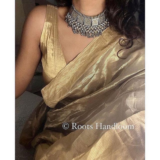 Olive Gold Maheshwari Saree with Zari lines all over