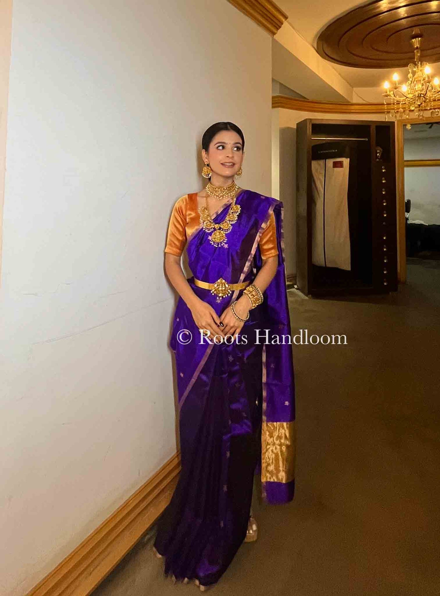 Dark Purple Chanderi Silk Saree with Flower Bootis all over