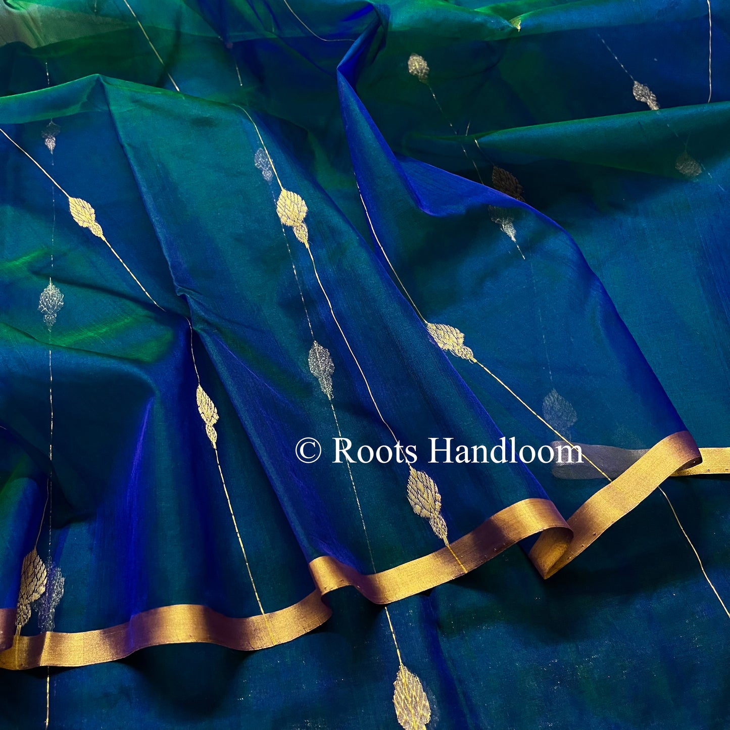 Peacock Blue & Green Dual Tone Chanderi Organza Silk Saree with Jhumka Motifs all over