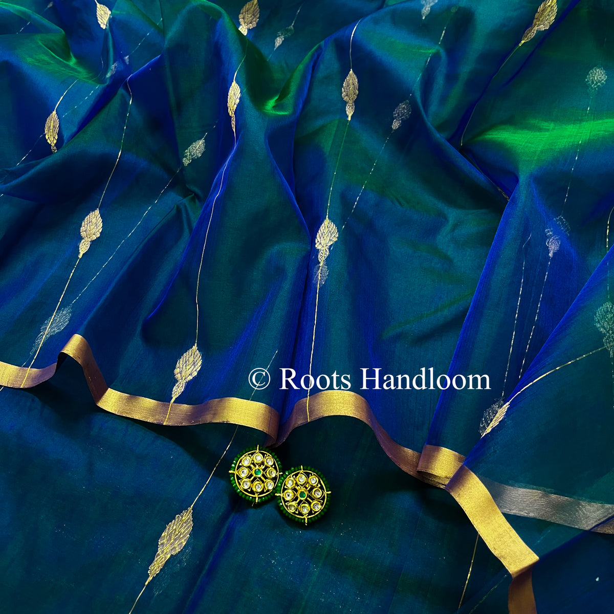 Peacock Blue & Green Dual Tone Chanderi Organza Silk Saree with Jhumka Motifs all over