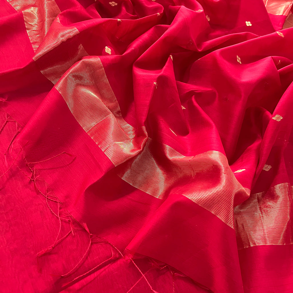 Deep red maheshwari saree with zari bootis all over