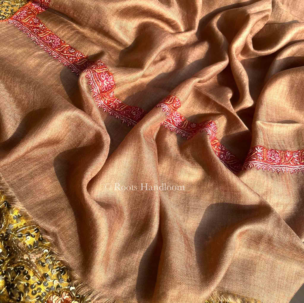 Beige Brown Pashmina Stole with Hashi Dar Embroidery