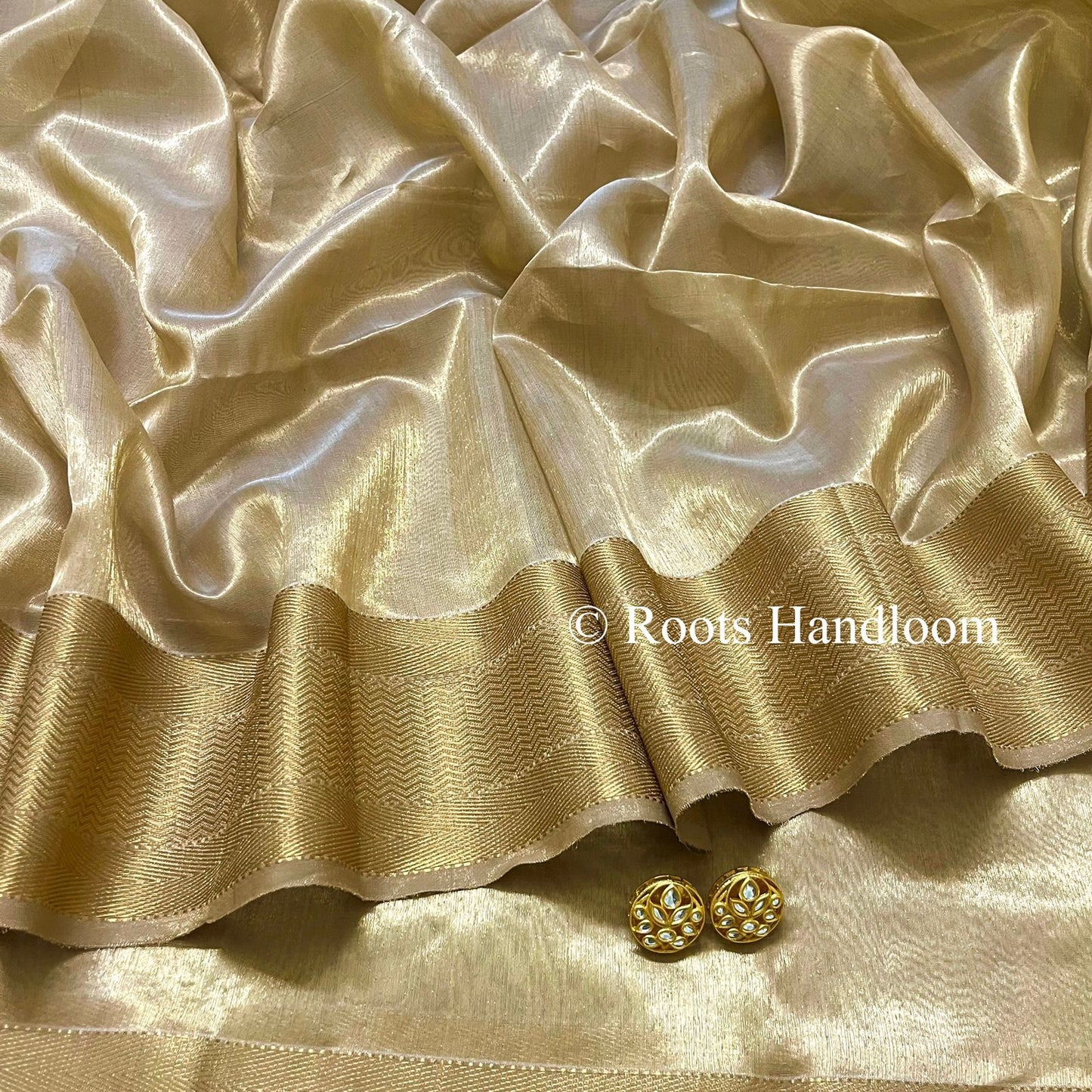 Gold Maheshwari Tissue Silk Saree with Zari Border